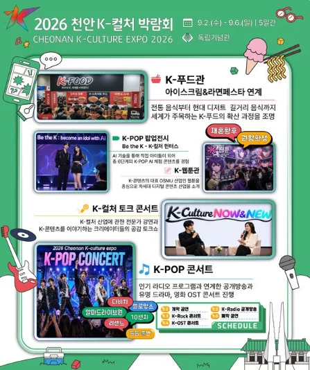 ▲사진설명=2026 천안 K-컬처 박람회 4대 전시·체험 프로그램과 공연 콘텐츠를 소개한 홍보 이미지.